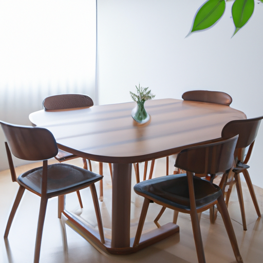 צילום של שולחן אוכל מעץ עם ארבעה כיסאות המקיפים אותו, באווירת חדר אוכל מודרנית.